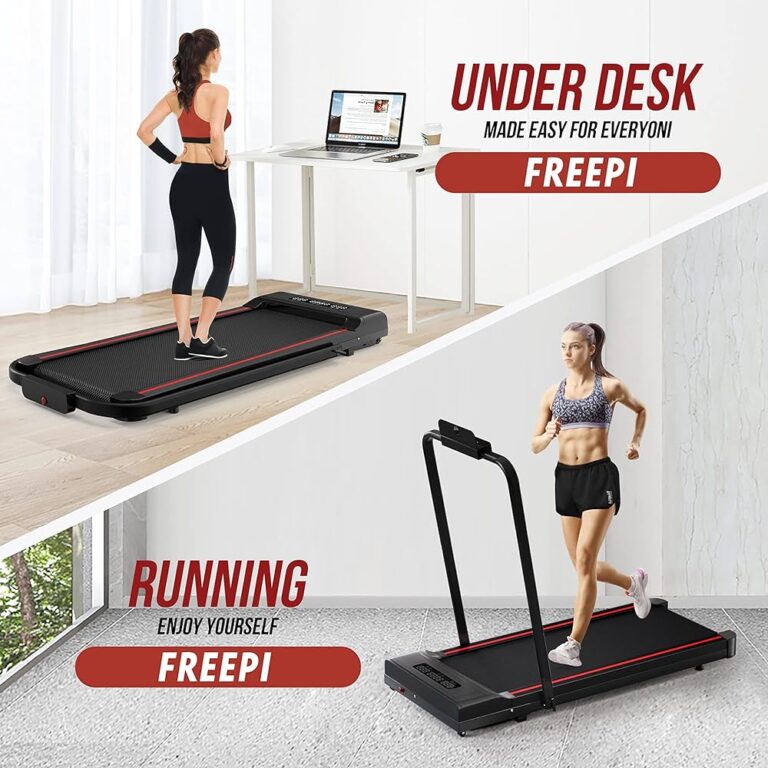 Woman using the 2-in-1 folding treadmill in running mode with handlebar, and in flat walking mode