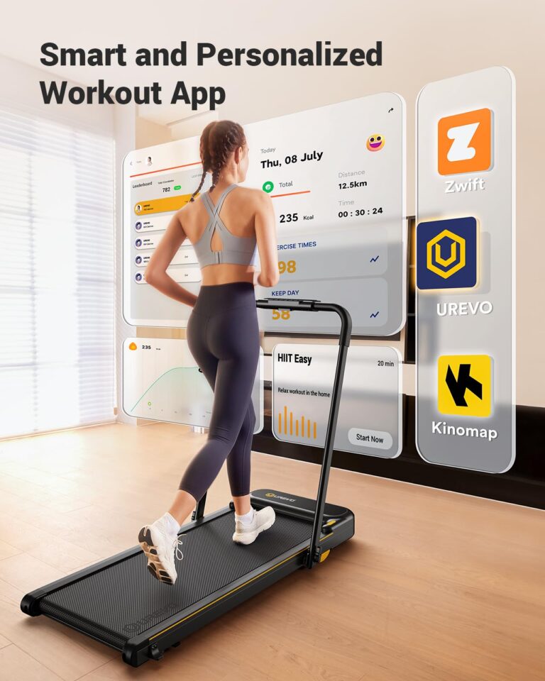 Treadmill used flat under a desk while working, and in full running mode with handlebar
